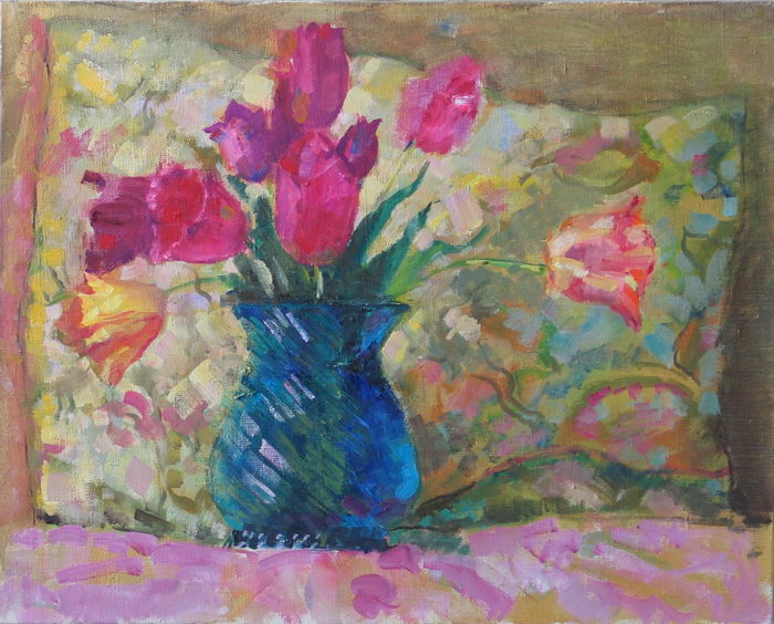 Tulips in the blue vase.